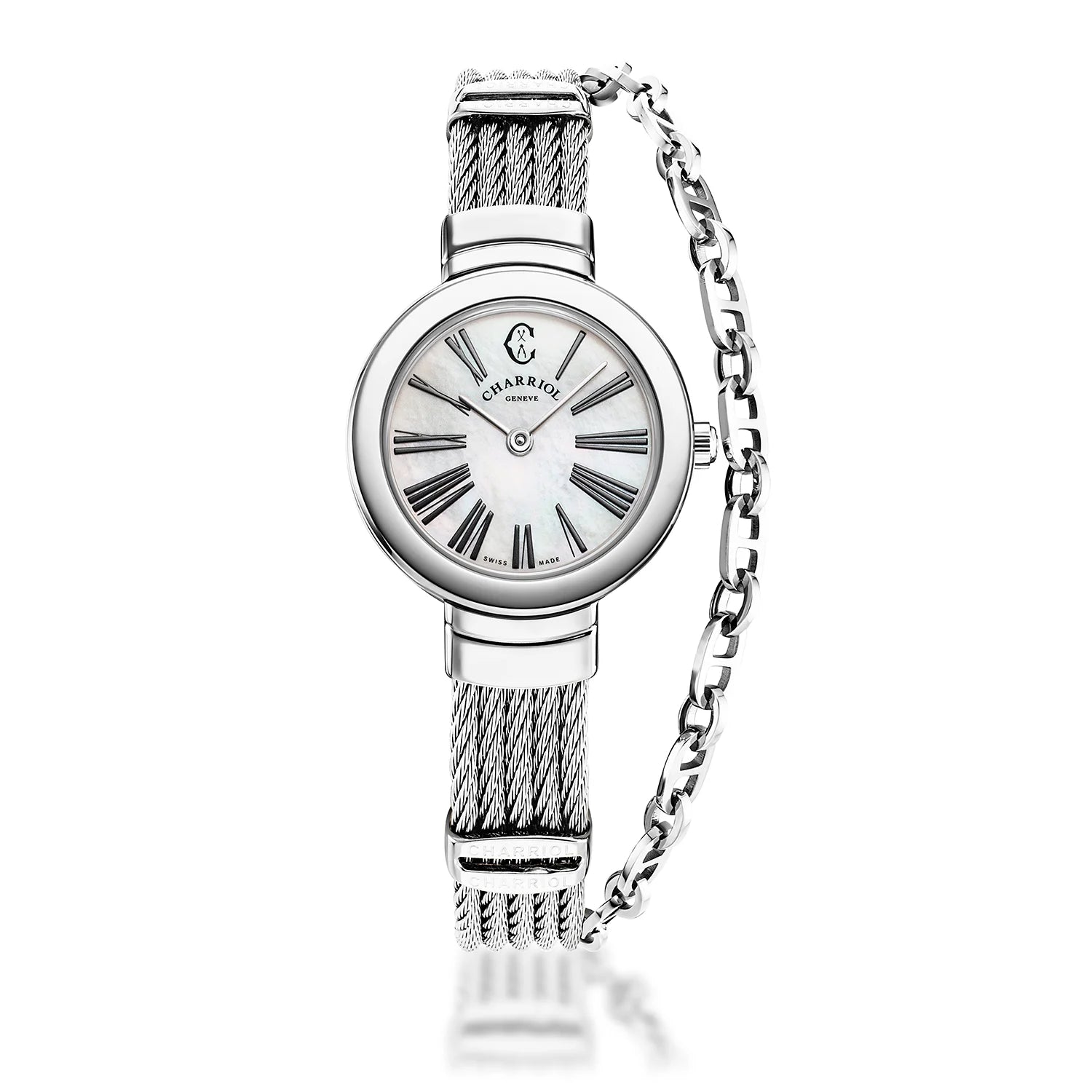 ST TROPEZ, 25MM, QUARTZ-KALIBER, PERLMUTTER-ZEICHER, STAHLKETTE, STAHLKABELARMBAND - Charriol Geneve - Watch