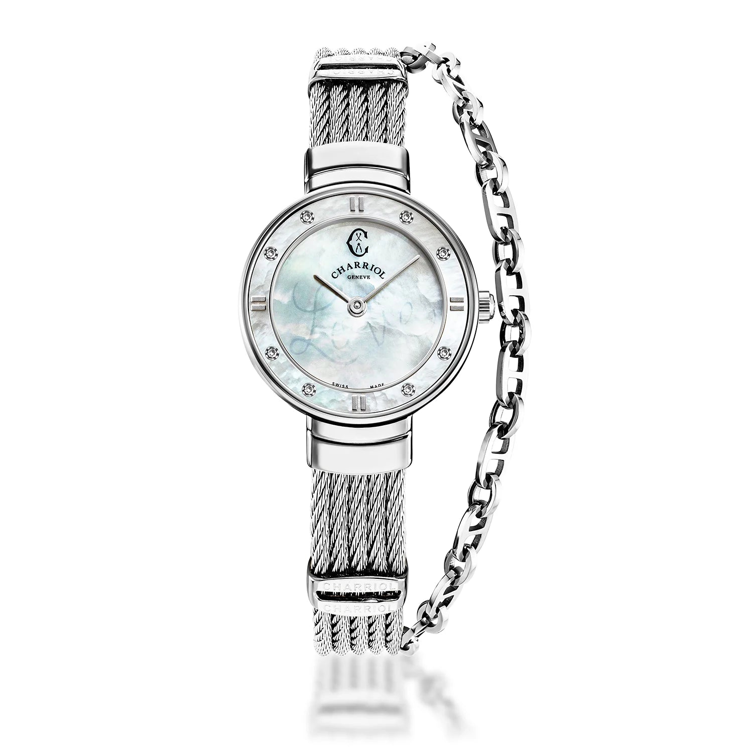 ST TROPEZ, 25MM, QUARZKALIBER, WEISSE PERLMUTTER MIT LUMINESZENT "LOVE" ZIFFER, WEISSE PERLMUTTER MIT 8 DIAMANTEN BESETZT, STAHLKABELARMBAND - Charriol Geneve - Watch