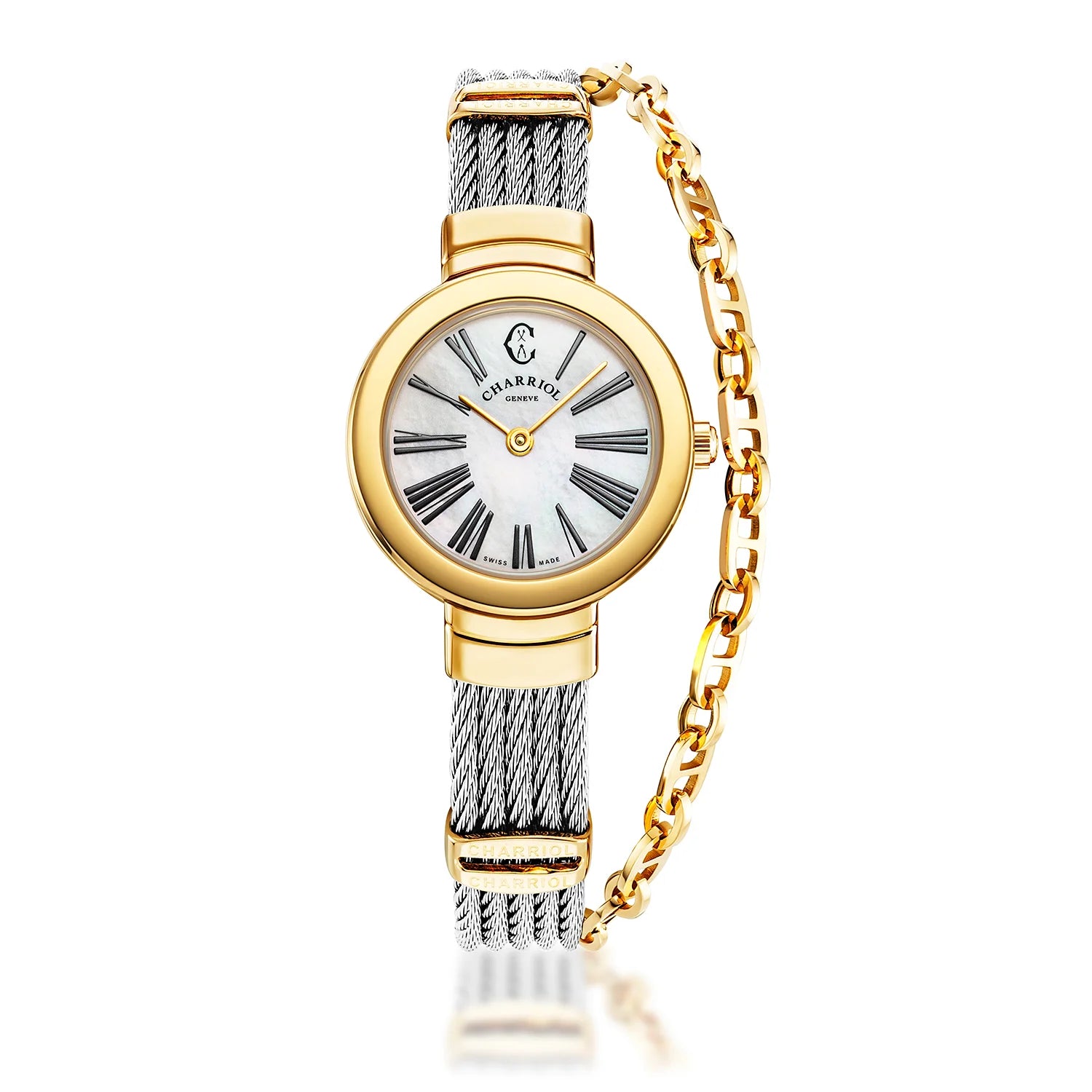 ST TROPEZ, 25MM, QUARZKALIBER, PERLMUTTER-ZEICHER, GELB-GOLD PVD-BEZEL, STAHLKABELARMBAND - Charriol Geneve - Watch