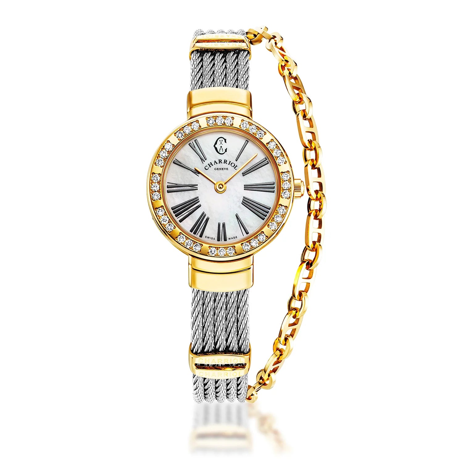 ST TROPEZ, 25MM, QUARZKALIBER, PERLMUTTER-ZIFFER, GELB GOLD PVD MIT 36 DIAMANTEN, STAHLKABELARMBAND - Charriol Geneve - Watch