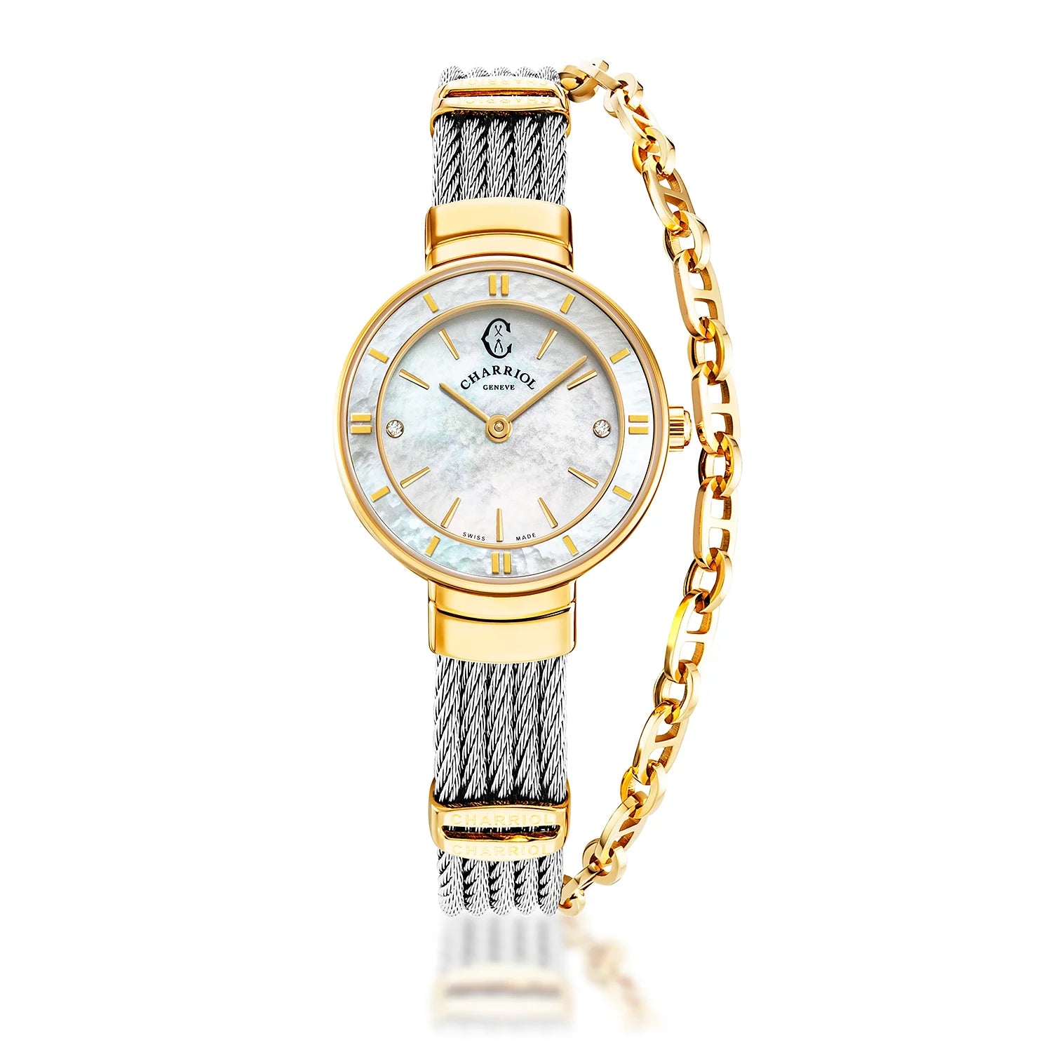 ST TROPEZ, 25MM, QUARZKALIBER, PERLMUTTER MIT 2 DIAMANTEN ZIFFERN, PERLMUTTERKREUZ, STAHLKABELARMBAND - Charriol Geneve - Watch