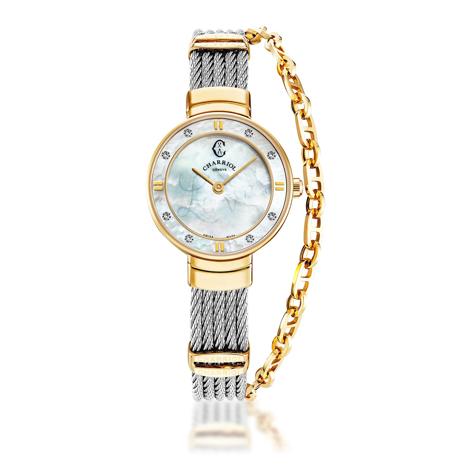 ST TROPEZ, 25MM, QUARZKALIBER, WEISSE PERLMUTTER MIT LUMINESZENT "LOVE" ZIFFER, WEISSE PERLMUTTER MIT 8 DIAMANTEN BESETZT, STAHLKABELARMBAND - Charriol Geneve - Watch