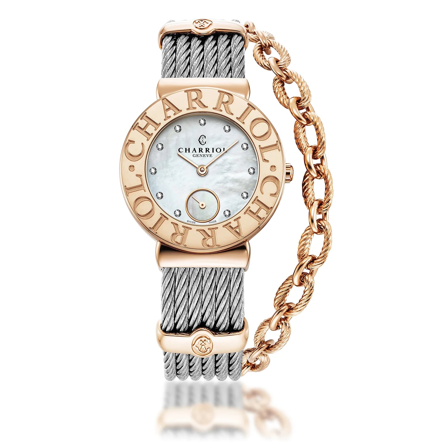 ST TROPEZ ICON, 30MM, QUARTZ KALIBRIEREN, PERLMUTTER MIT 11 DIAMONEN, "CHARRIOL CHARRIOL " FASSUNG, STAHLKABELARMBAND - Charriol Geneve - Watch