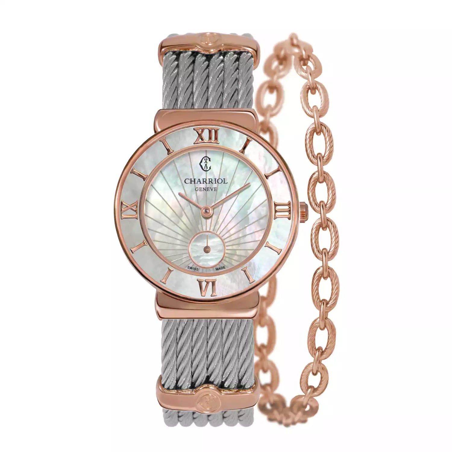 ST TROPEZ ICON, 30MM, QUARTZ KALIBER, PERLMUTTER SUNSHINE ZIFFERN, PERLMUTTER BESEL, STAHLKABELARMBAND - Charriol - Uhr