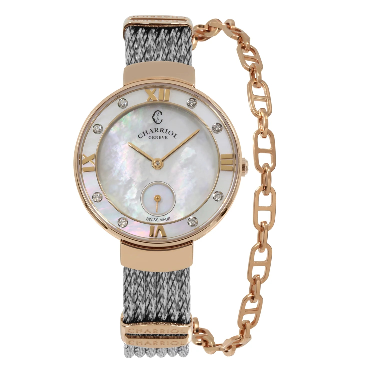 ST TROPEZ, 30MM, QUARZKALIBRIER, WEISSES PERLMUTTER-ZEICHEN, WEISSE PERLMUTTER MIT 8 DIAMANTEN, STAHLKABELARMBAND - Charriol Geneve - Watch