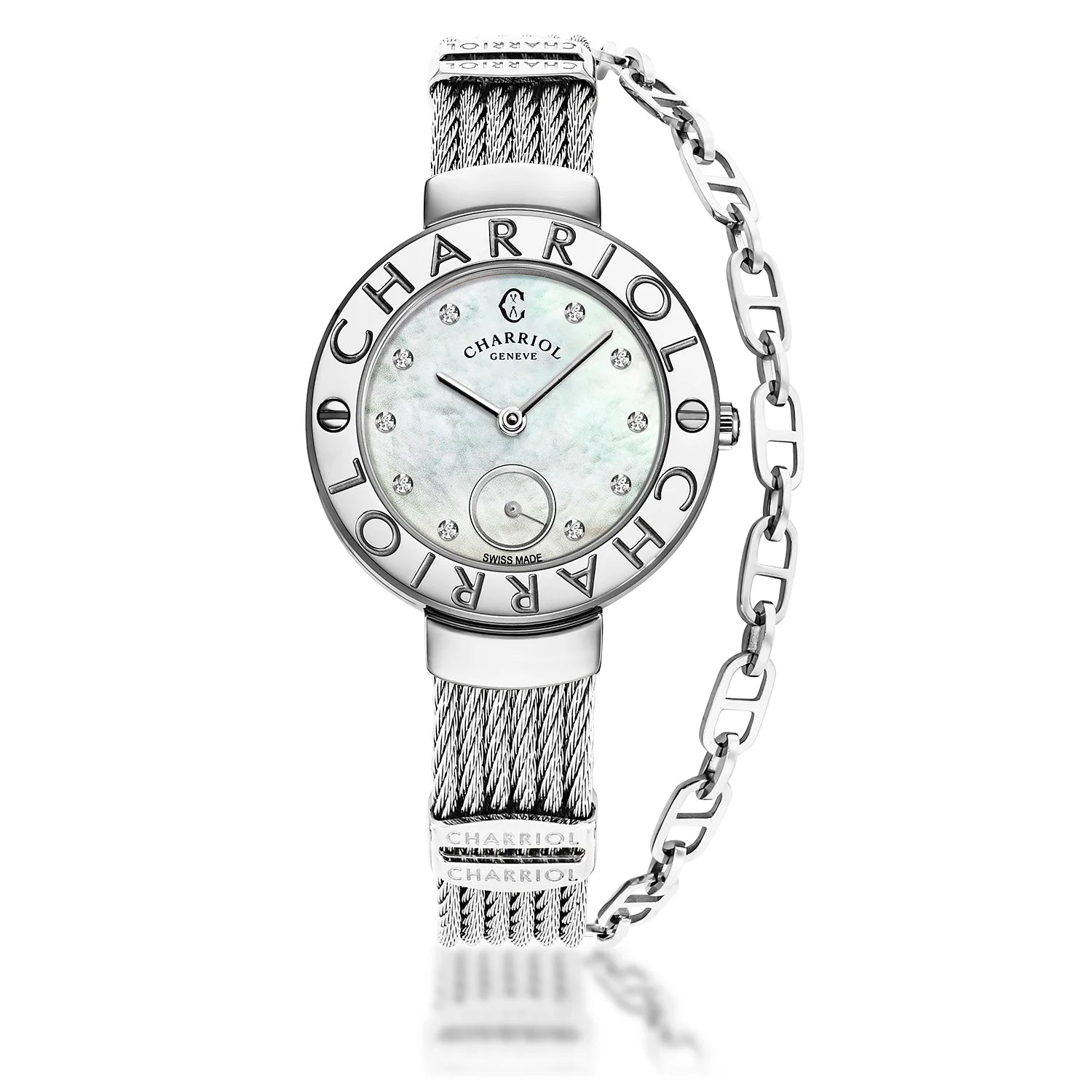 ST TROPEZ, 30MM, QUARTZ KALIBER, PERLMUTTER MIT 10 DIAMONEN ZIFFERN, "CHARRIOL CHARRIOL " FASSUNG, STAHLKABELARMBAND - Charriol Geneve - Watch