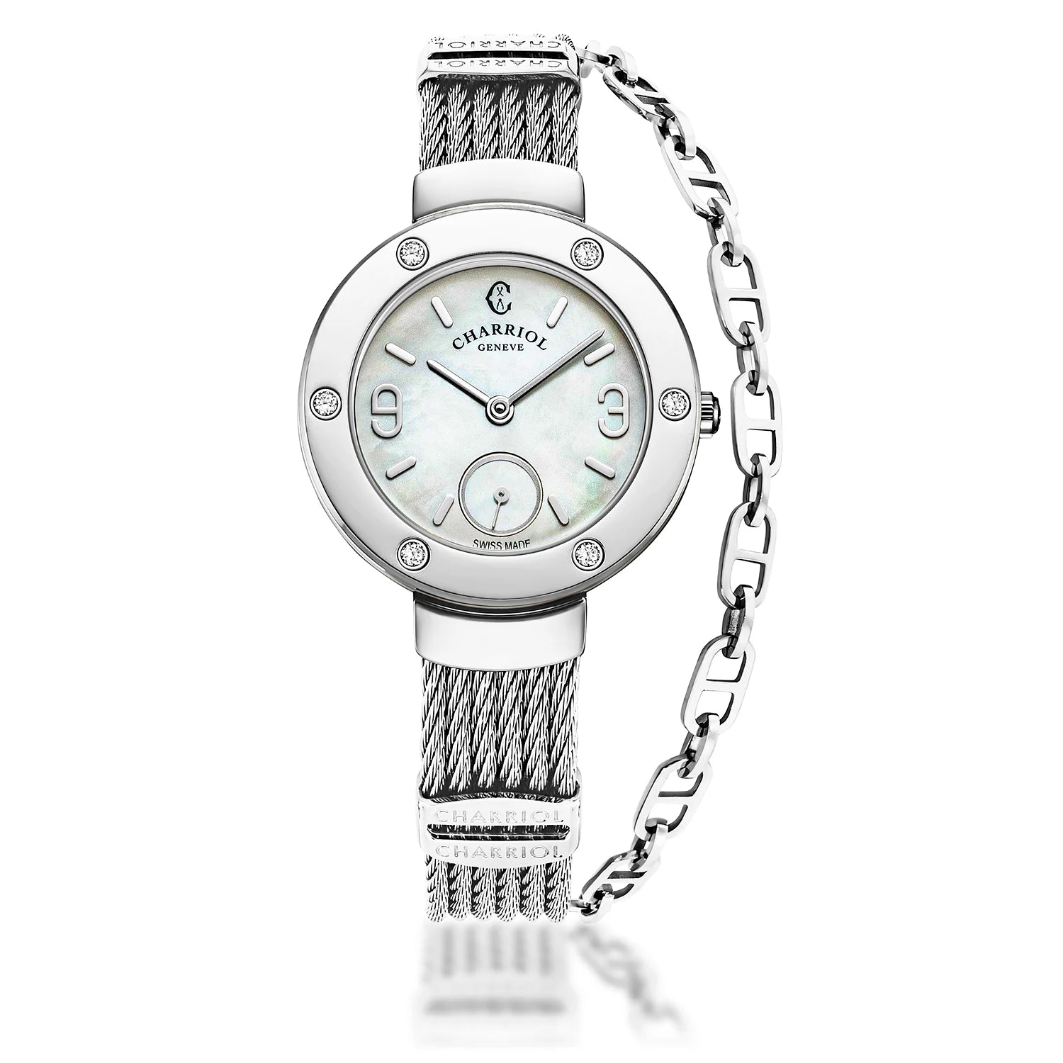 ST TROPEZ, 30MM, QUARZKALIBER, PERLMUTTER-ZEICHEN, STAHL MIT 6 DIAMANTEN, STAHLKABELARMBAND - Charriol Geneve - Watch