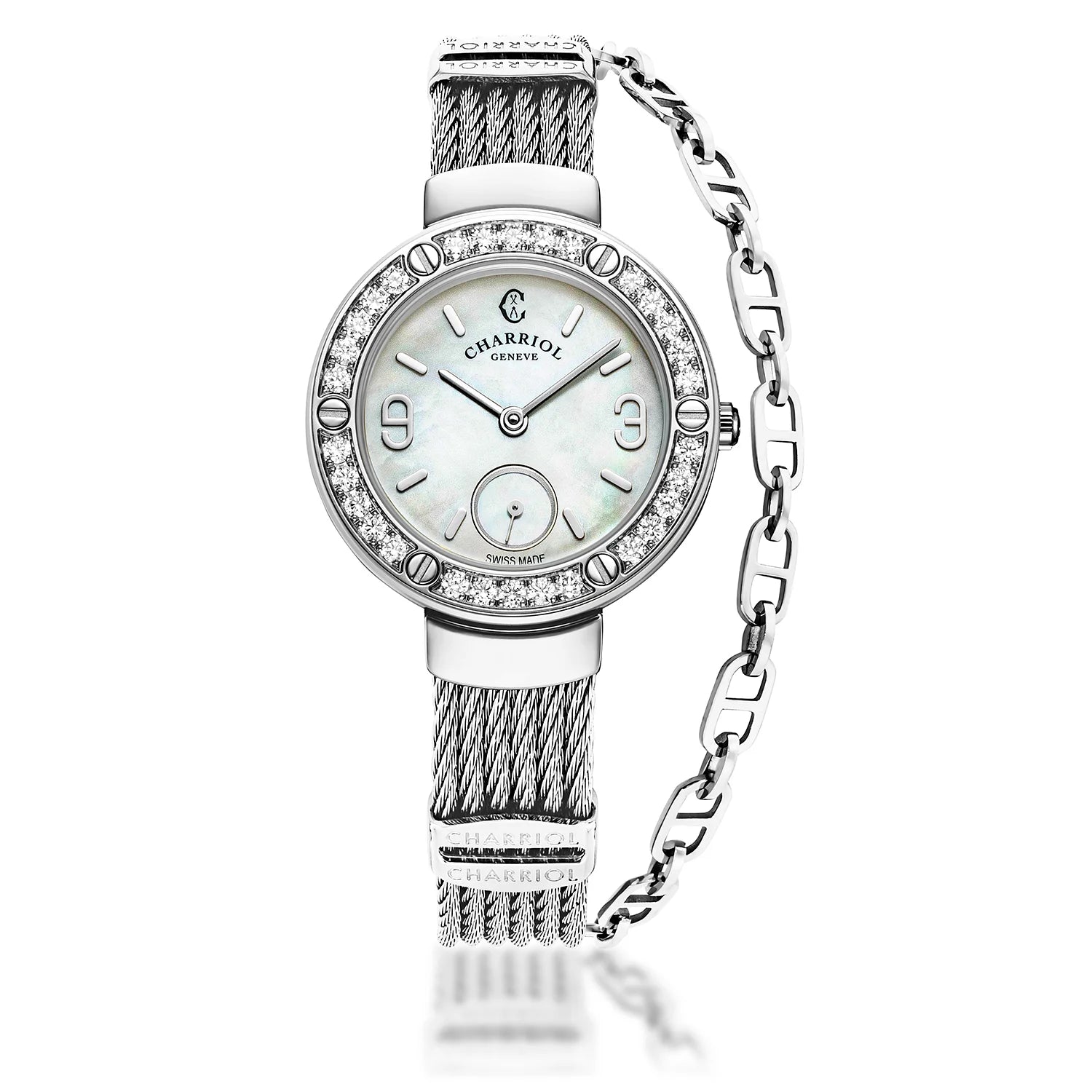 ST TROPEZ, 30MM, QUARTZ KALIBRIEREN, WEISSES PERMUTTER-ZEICHEN, STAHL MIT 30 DIAMANTEN BESETZT, STAHLKABELARMBAND - Charriol Geneve - Watch