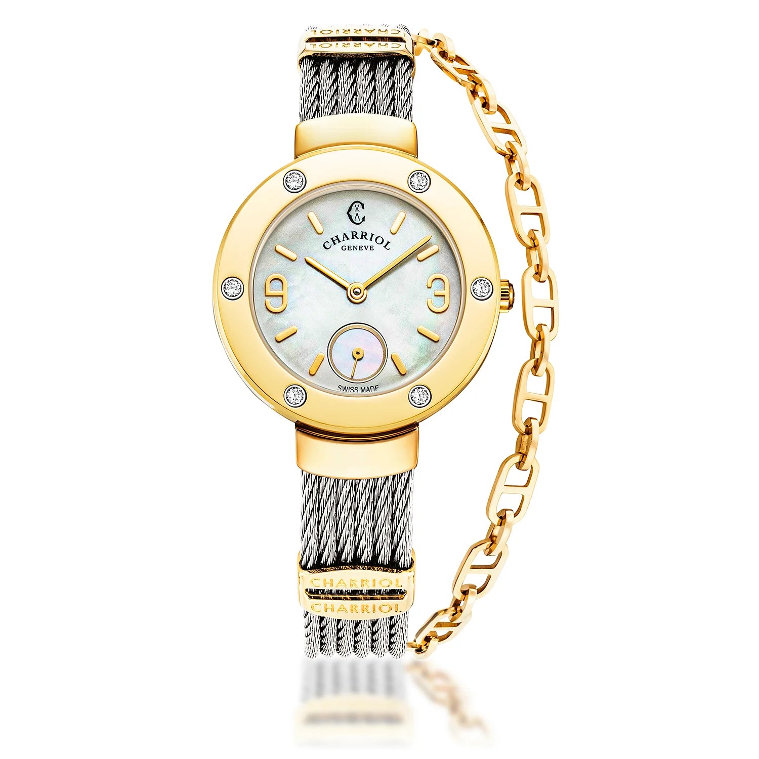 ST TROPEZ, 30MM, QUARTZ KALIBER, PERLMUTTER ZIFFERN, GELB GOLD PVD MIT 6 DIAMONEN, STAHLKABELARMBAND - Charriol Geneve - Watch