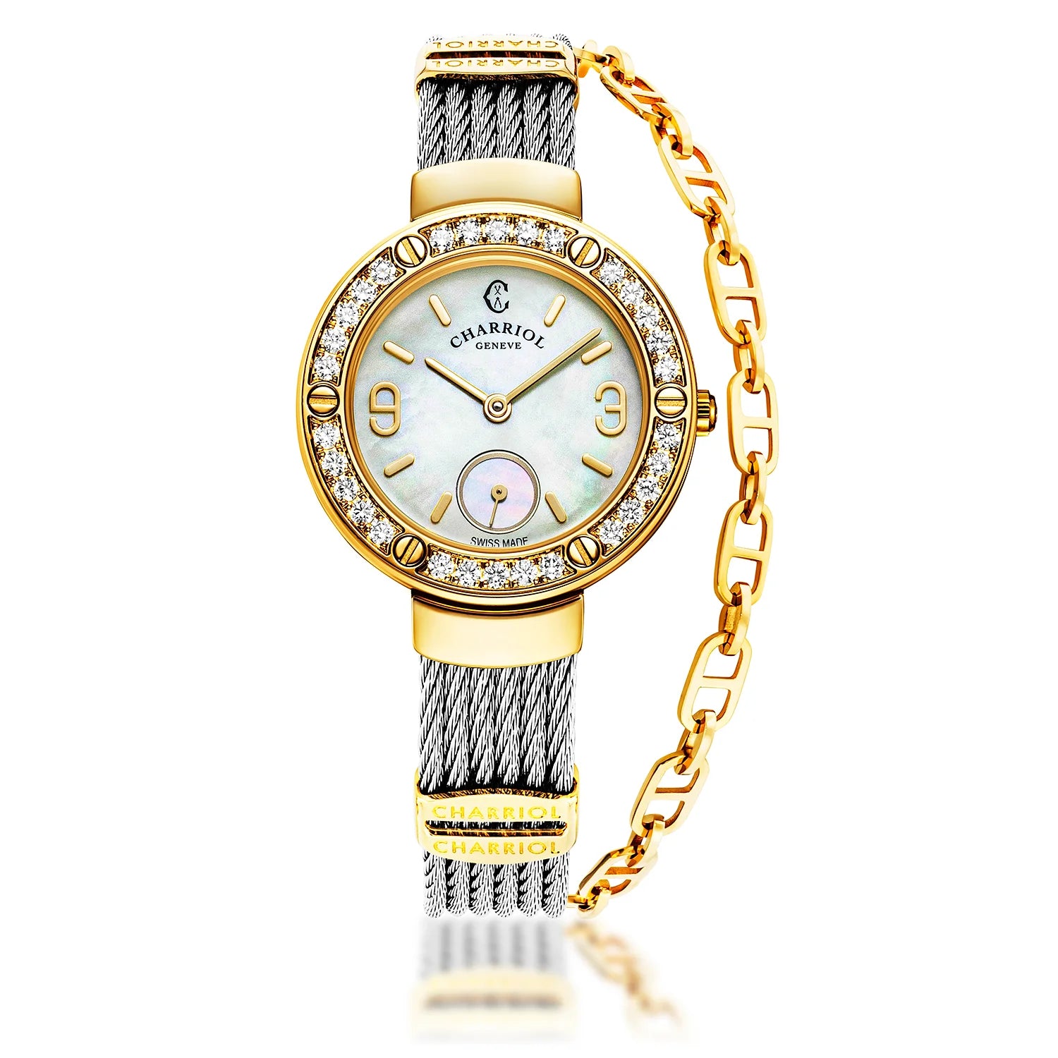 ST TROPEZ, 30MM, QUARTZ KALIBER, PERLMUTTER ZIFFERN, GELB GOLD PVD MIT 30 DIAMONEN, STAHLKABELARMBAND - Charriol Geneve - Watch