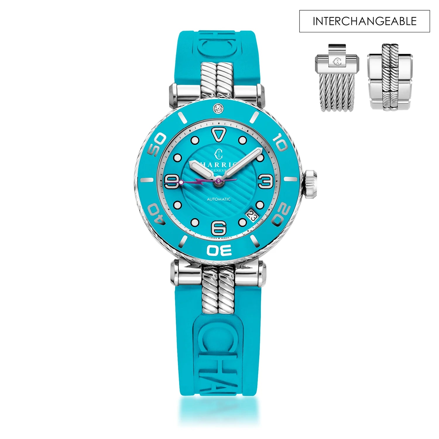 NAVIGATOR SURF, 36MM, AUTOMATISCHES KALIBER, TURQUOISE ZIFFERN, TURQUOISE KARAMELL, TURQUOISE GUMMI-AUSTAUSCHBARES ARMBAND - Charriol Geneve - Watch