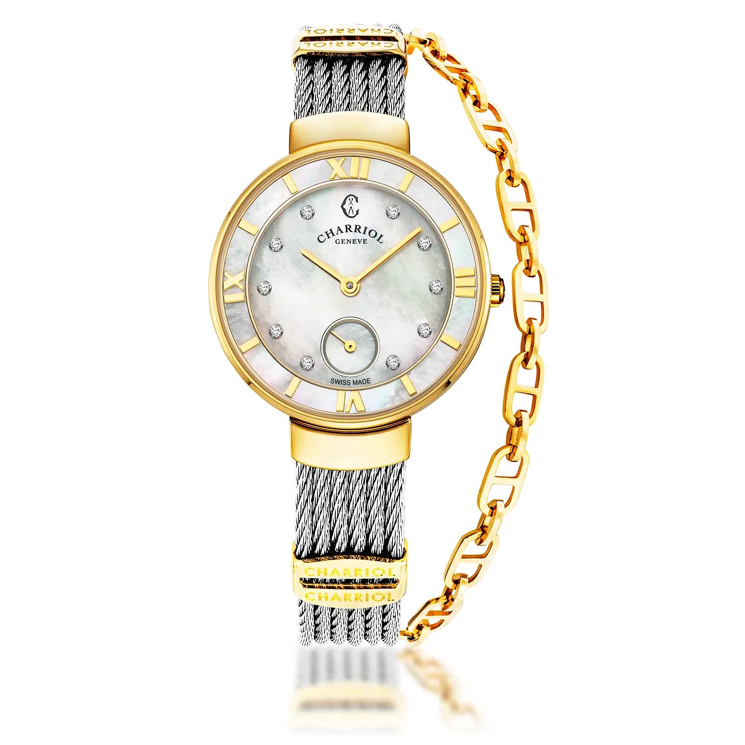 ST TROPEZ, 30MM, QUARTZKALIBER, PERLMUTTER MIT 10 DIAMANTEN ZIFFERN, PERLMUTTERKREUZ, STAHLKABELARMBAND - Charriol Geneve - Watch